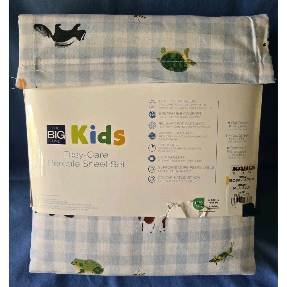 The Big One Kids Easy-care Percale Med Blue Full Sheet Set New Animal Theme‎ 275